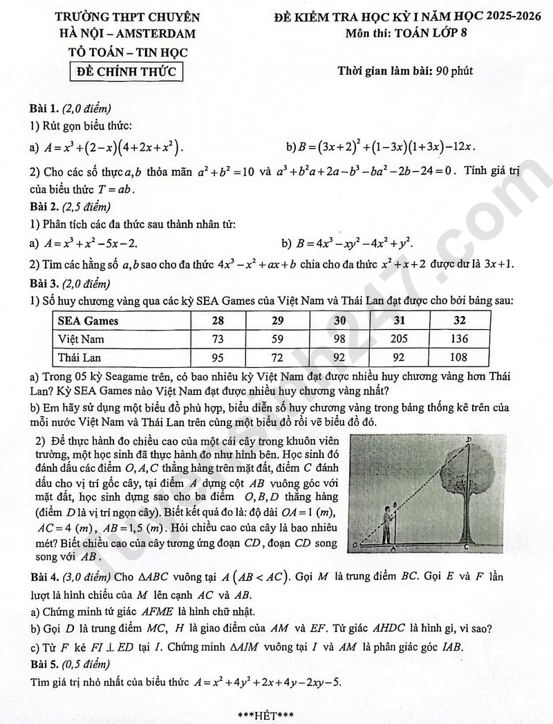Đề thi HK 1 lớp 8 môn Toán 2025 - THPT Chuyên Amsterdam