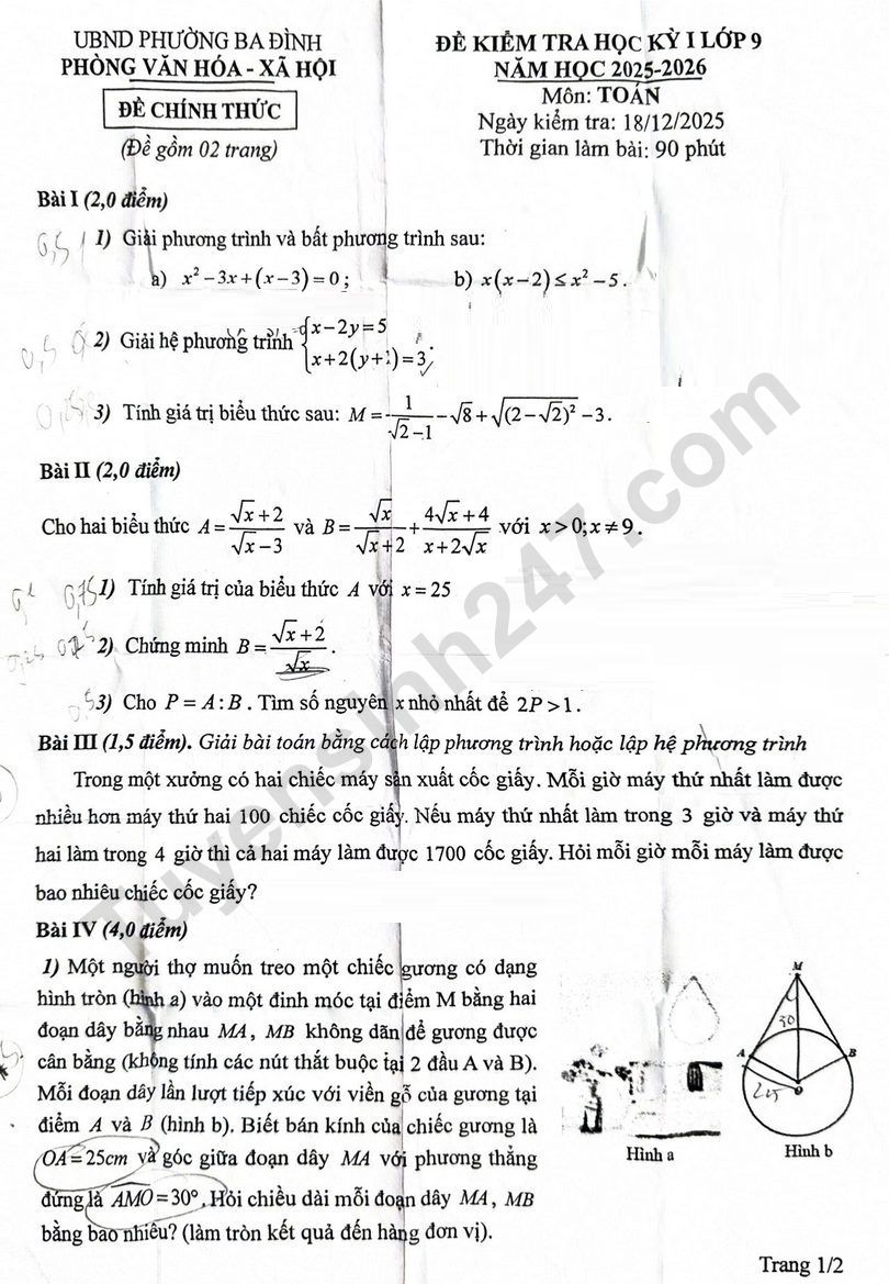 Đề thi kỳ 1 lớp 9 năm 2025 môn Toán - Phường Ba Đình