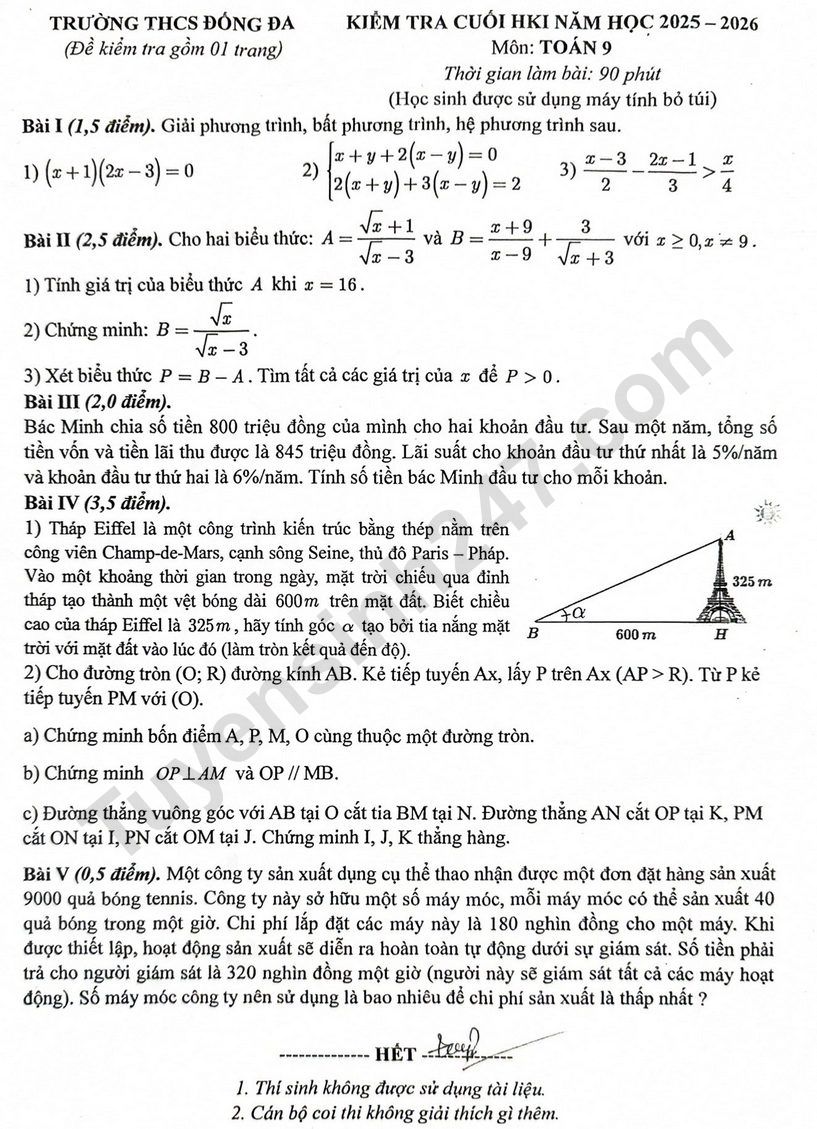 Đề thi cuối kì 1 lớp 9 môn Toán - THCS Đống Đa 2025