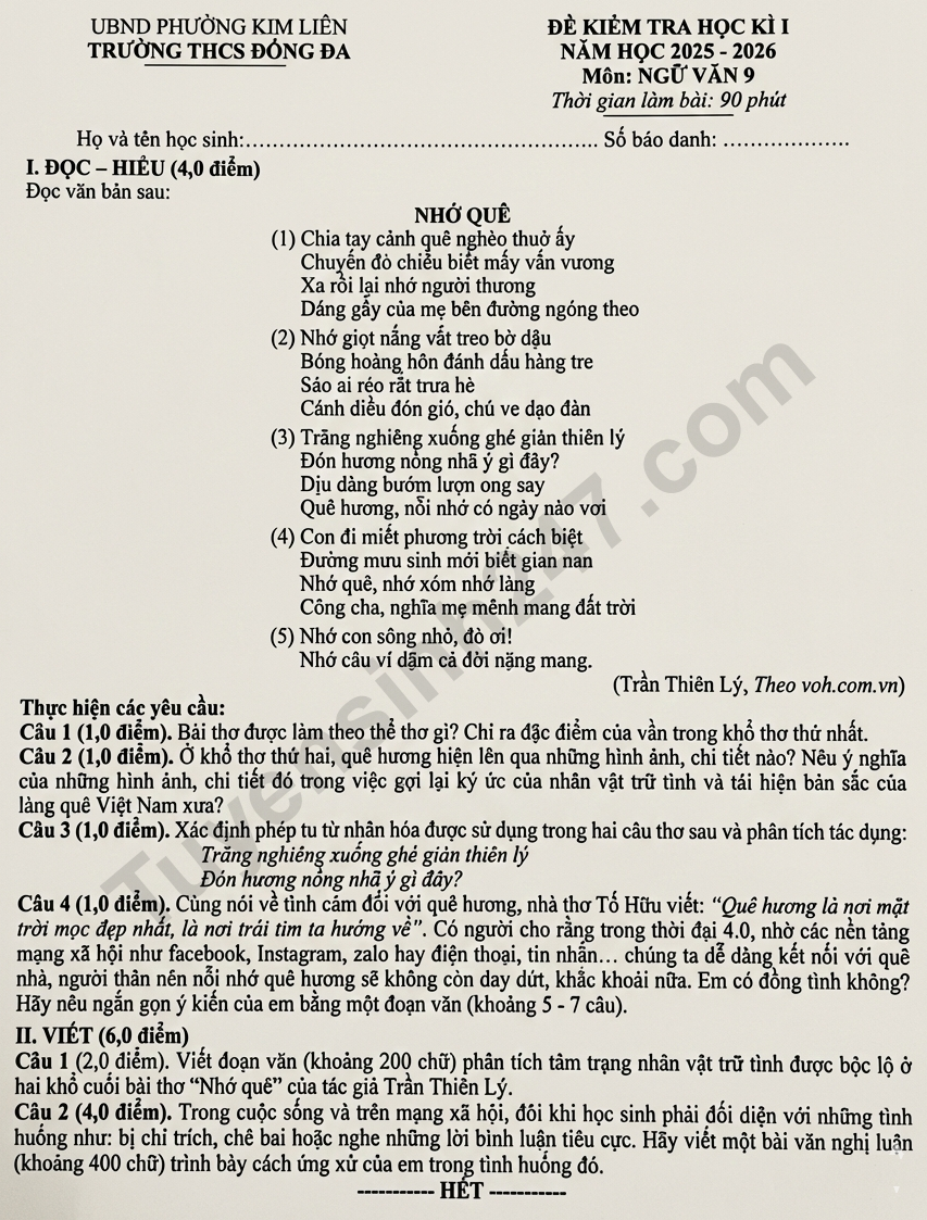 Đề thi cuối kì 1 môn Văn lớp 9 năm 2025 - THCS Đống Đa