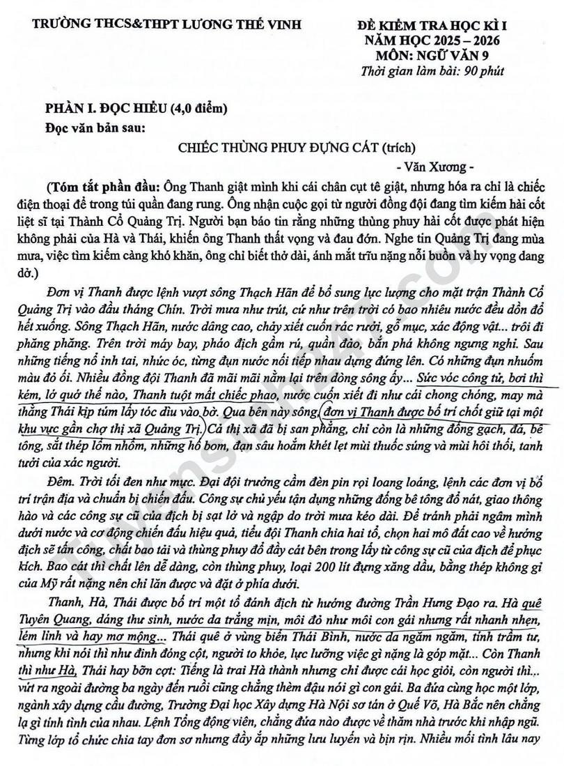 Đề thi kì 1 lớp 9 môn Văn 2025 - THCS THPT Lương Thế Vinh