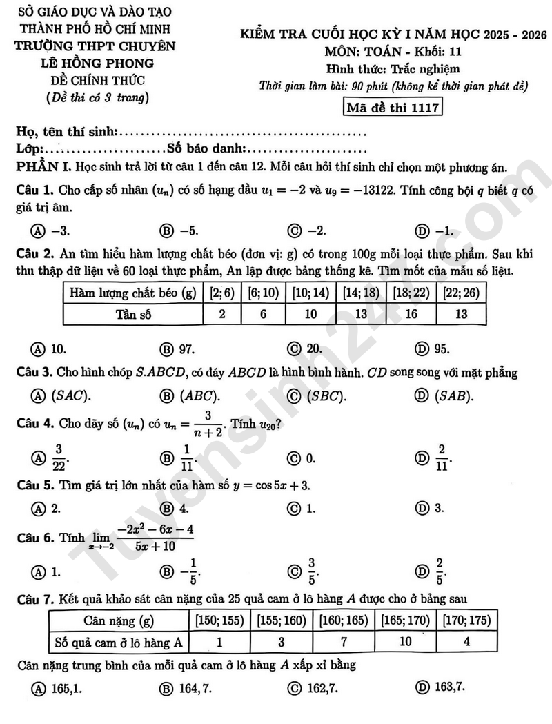 Đề thi học kì 1 môn Toán lớp 11 năm 2025 - THPT Chuyên Lê Hồng Phong