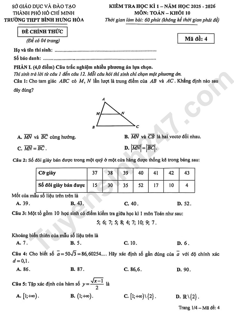 Đề thi HK 1 lớp 10 môn Toán 2025 - THPT Bình Hưng Hòa