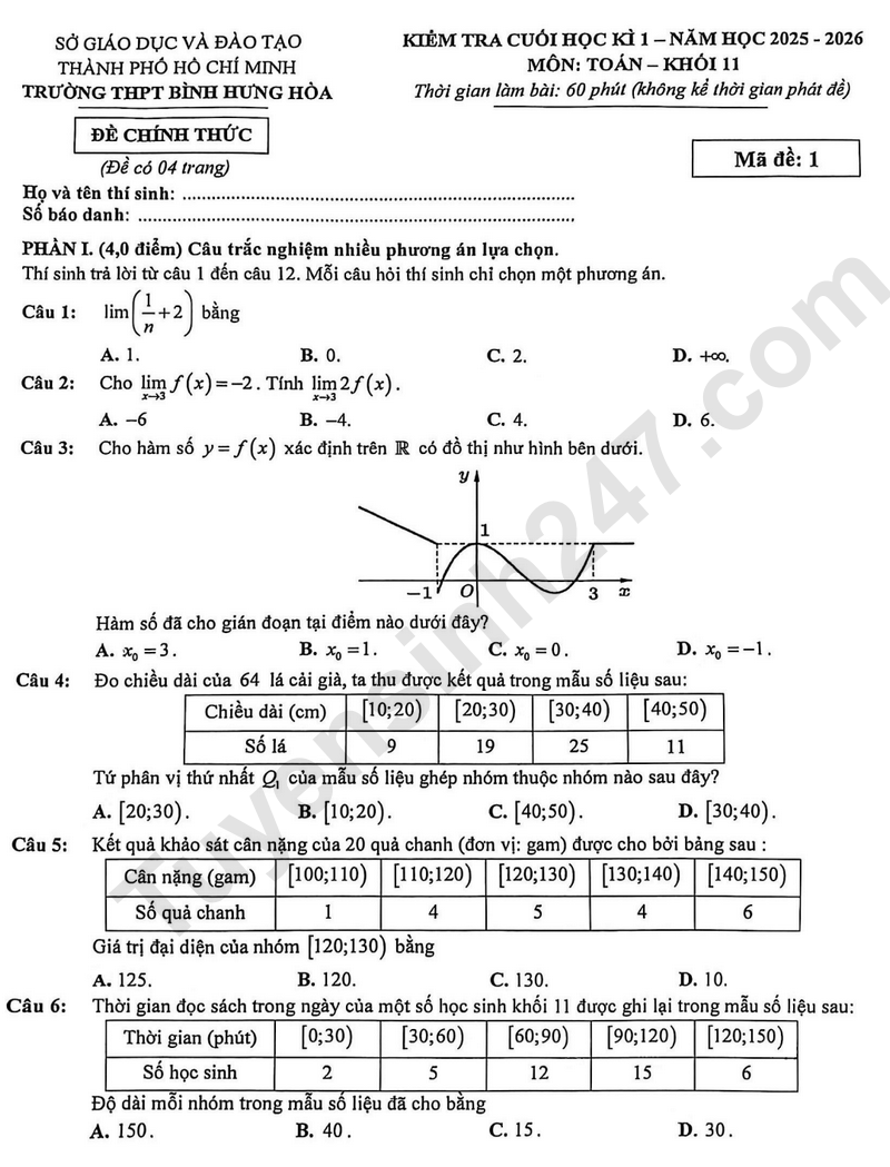 Đề thi HK 1 lớp 11 môn Toán 2025 - THPT Bình Hưng Hòa