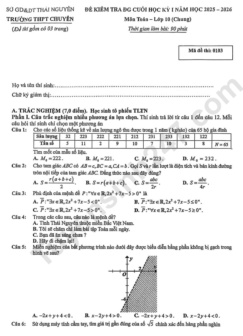 Đề thi HK 1 lớp 10 môn Toán 2025 - THPT Chuyên Thái Nguyên