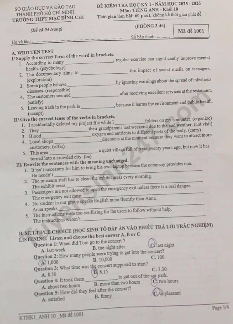 Đề thi học kì 1 môn Anh lớp 10 - THPT Mạc Đĩnh Chi 2025