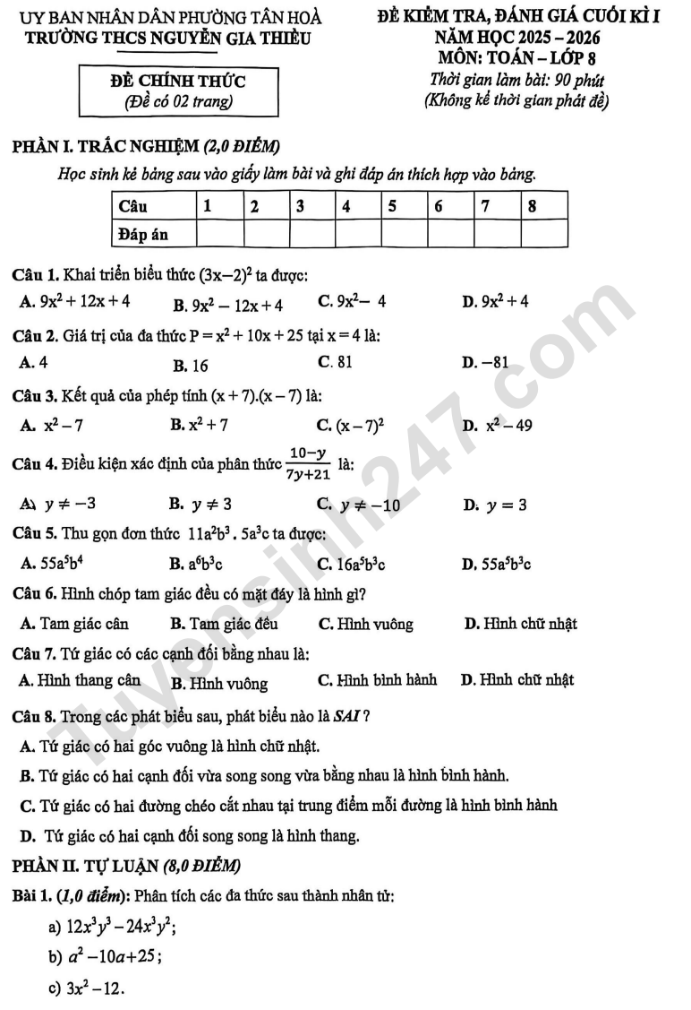 Đề thi HK1 lớp 8 môn Toán 2025 - THCS Nguyễn Gia Thiều