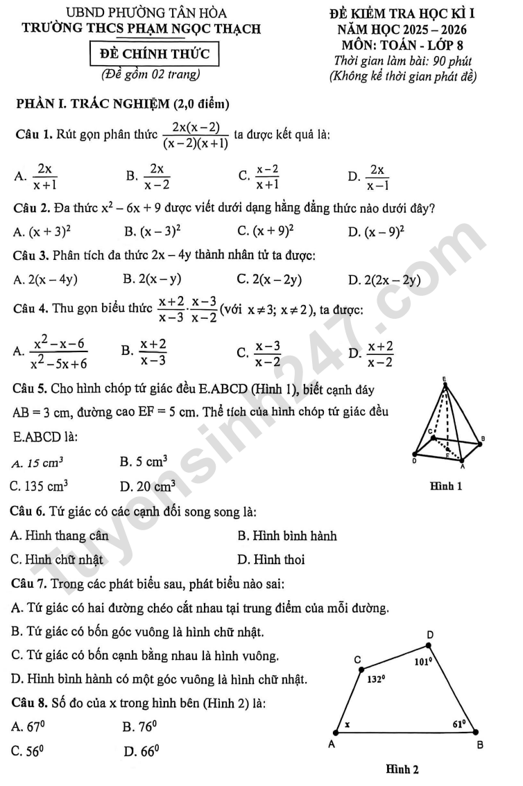 Đề thi kì 1 môn Toán lớp 8 - THCS  Phạm Ngọc Thạch 2025