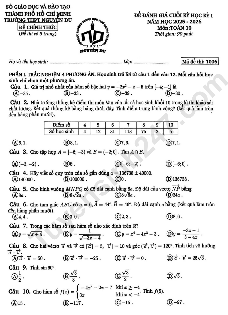 Đề thi HK1 môn Toán lớp 10 năm 2025 - THPT Nguyễn Du