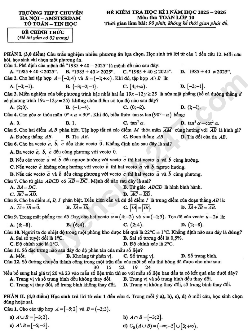 Đề thi HK 1 lớp 10 môn Toán 2025 - THPT Chuyên Amsterdam