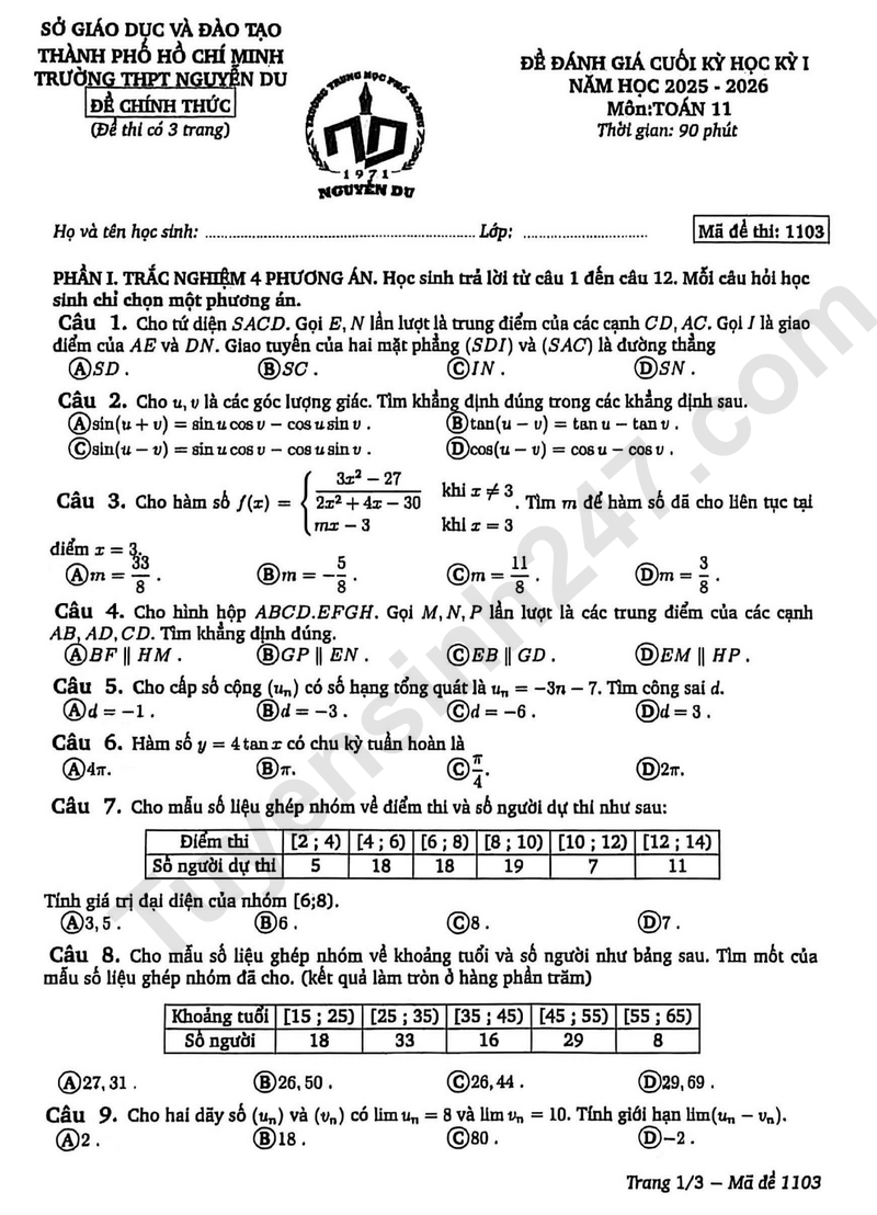 Đề thi học kì 1 môn Toán lớp 11 năm 2025 - THPT Nguyễn Du