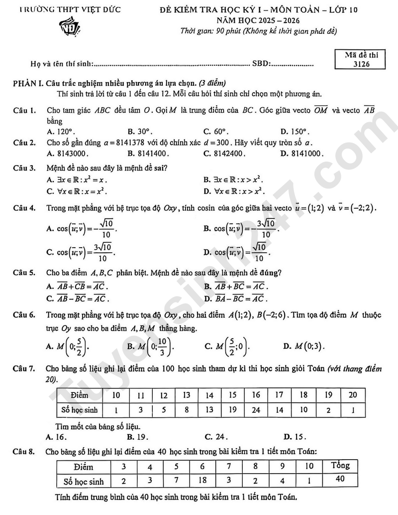 Đề thi học kì 1 môn Toán lớp 10 năm 2025 - THPT Việt Đức