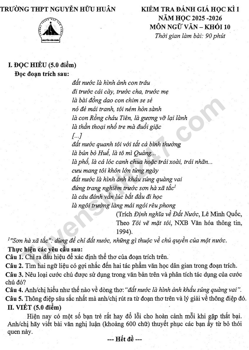 Đề thi cuối kì 1 lớp 10 môn Văn 2025 - THPT Nguyễn Hữu Huân