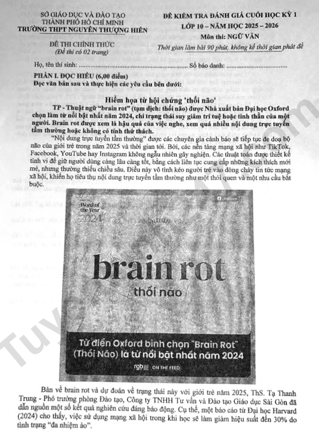 Đề thi học kì 1 môn Văn lớp 10 - THPT Nguyễn Thượng Hiền 2025