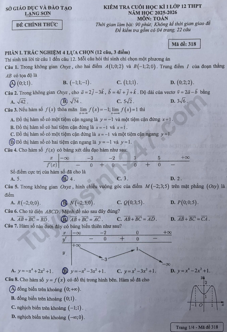 Đề thi kì 1 môn Toán lớp 12 - Sở GD Lạng Sơn 2025