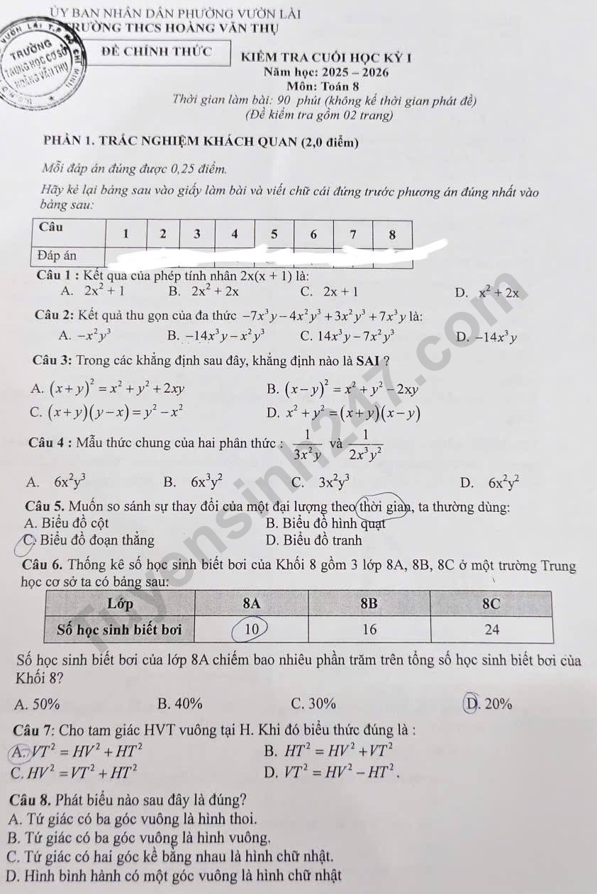 Đề thi kì 1 lớp 8 môn Toán 2025 - THCS Hoàng Văn Thụ