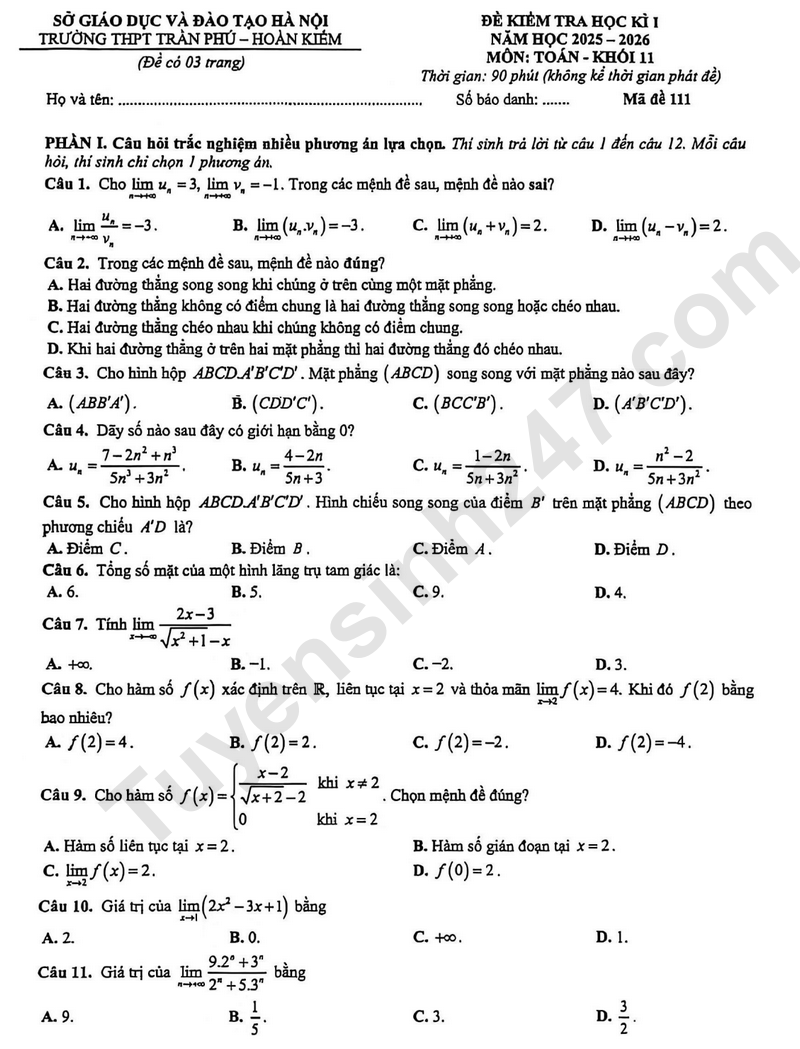 Đề thi kì 1 môn Toán lớp 11 năm 2025 - THPT Trần Phú