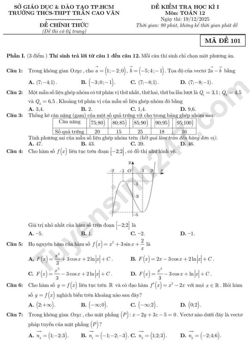Đề thi kì 1 môn Toán lớp 12 năm 2025 - THCS - THPT Trần Cao Vân