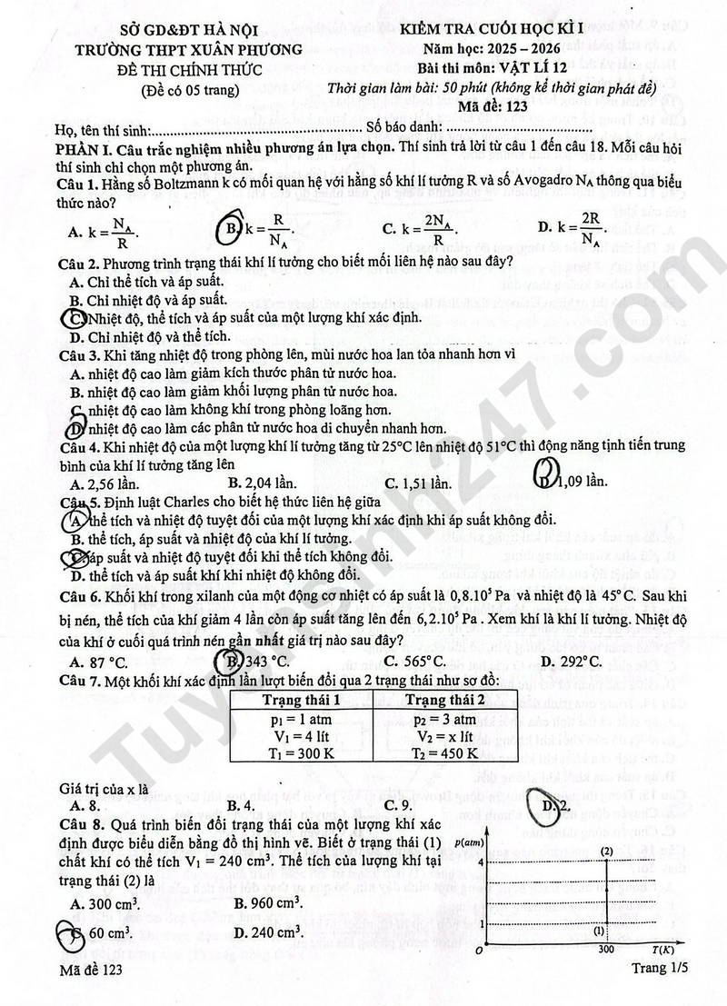 Đề thi học kì 1 lớp 12 môn Lý năm 2025 - THPT Xuân Phương