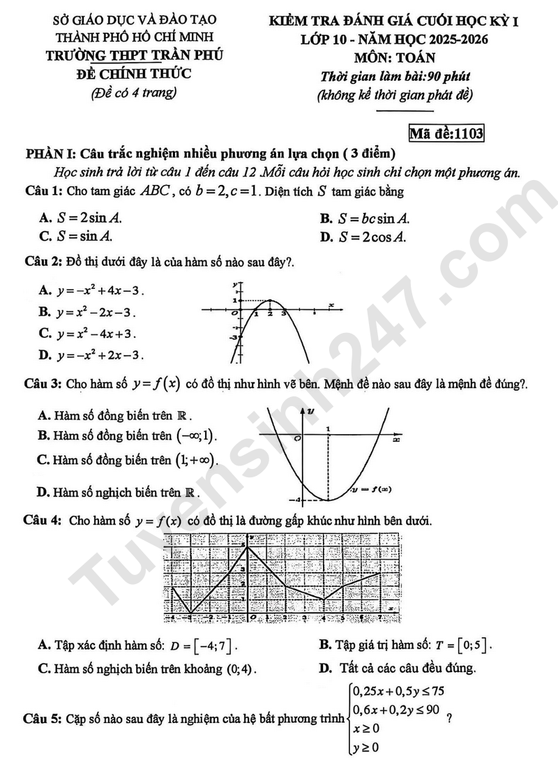 Đề thi học kì 1 môn Toán lớp 10 năm 2025 - THPT Trần Phú (TPHCM)