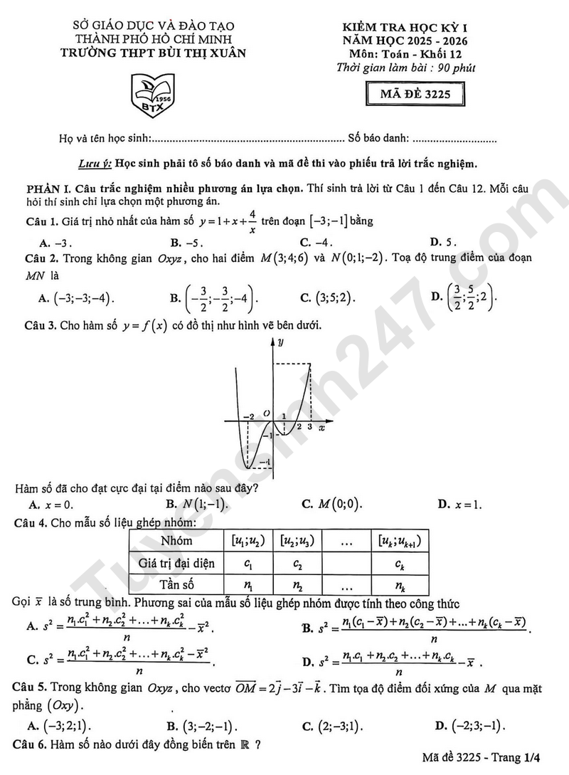 Đề thi học kì 1 lớp 12 môn Toán năm 2025 - THPT Bùi Thị Xuân