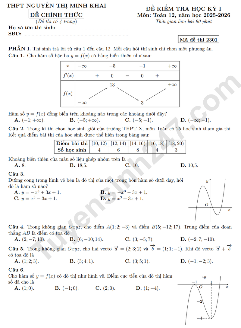 Đề thi kì 1 môn Toán lớp 12 năm 2025 - THPT Nguyễn Thị Minh Khai