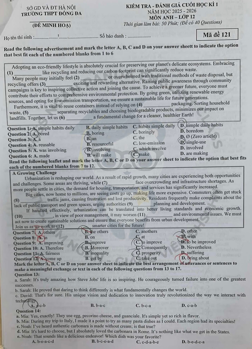 Đề thi kì 1 môn Anh lớp 12 - THPT Đống Đa 2025 (Minh họa)