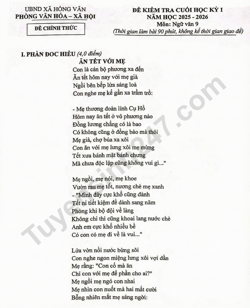 Đề thi kì 1 môn Văn lớp 9 - THCS Hồng Vân 2025