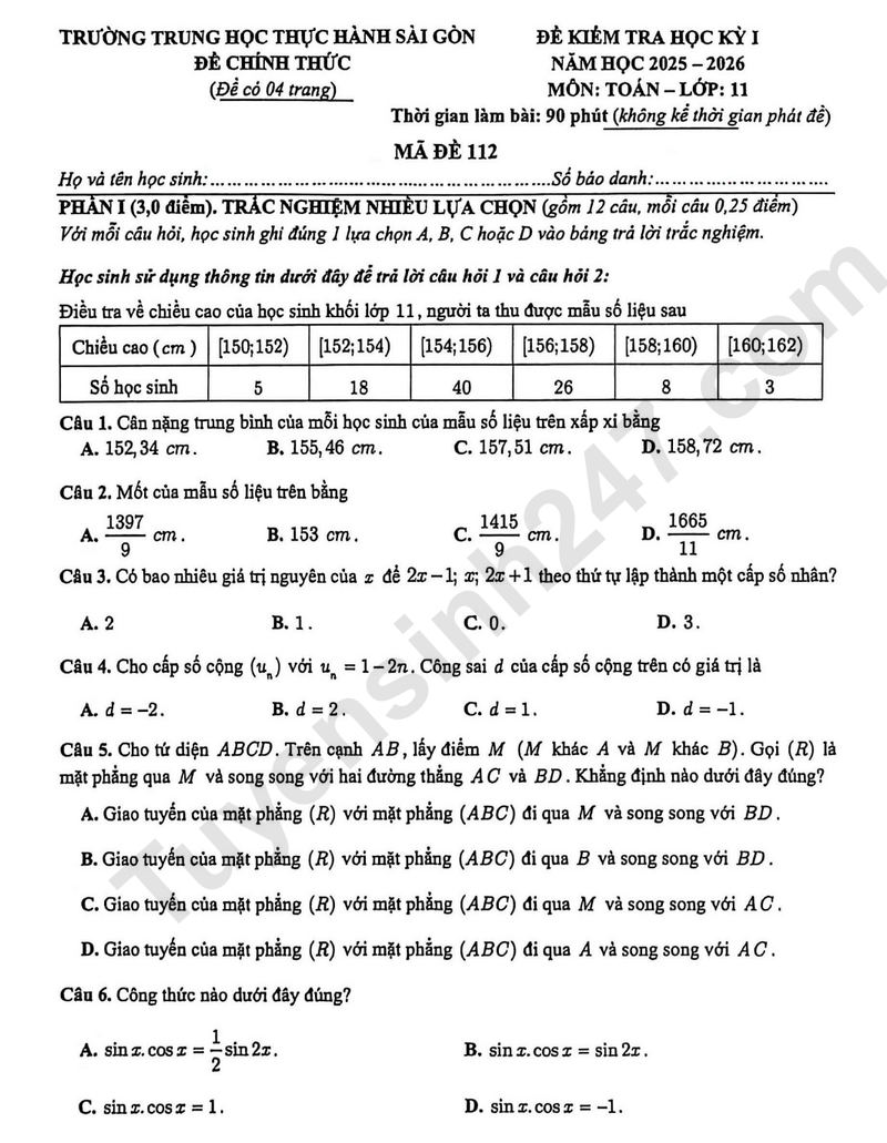 Đề thi HK1 môn Toán lớp 11 năm 2025 - Trung học Thực Hành Sài Gòn