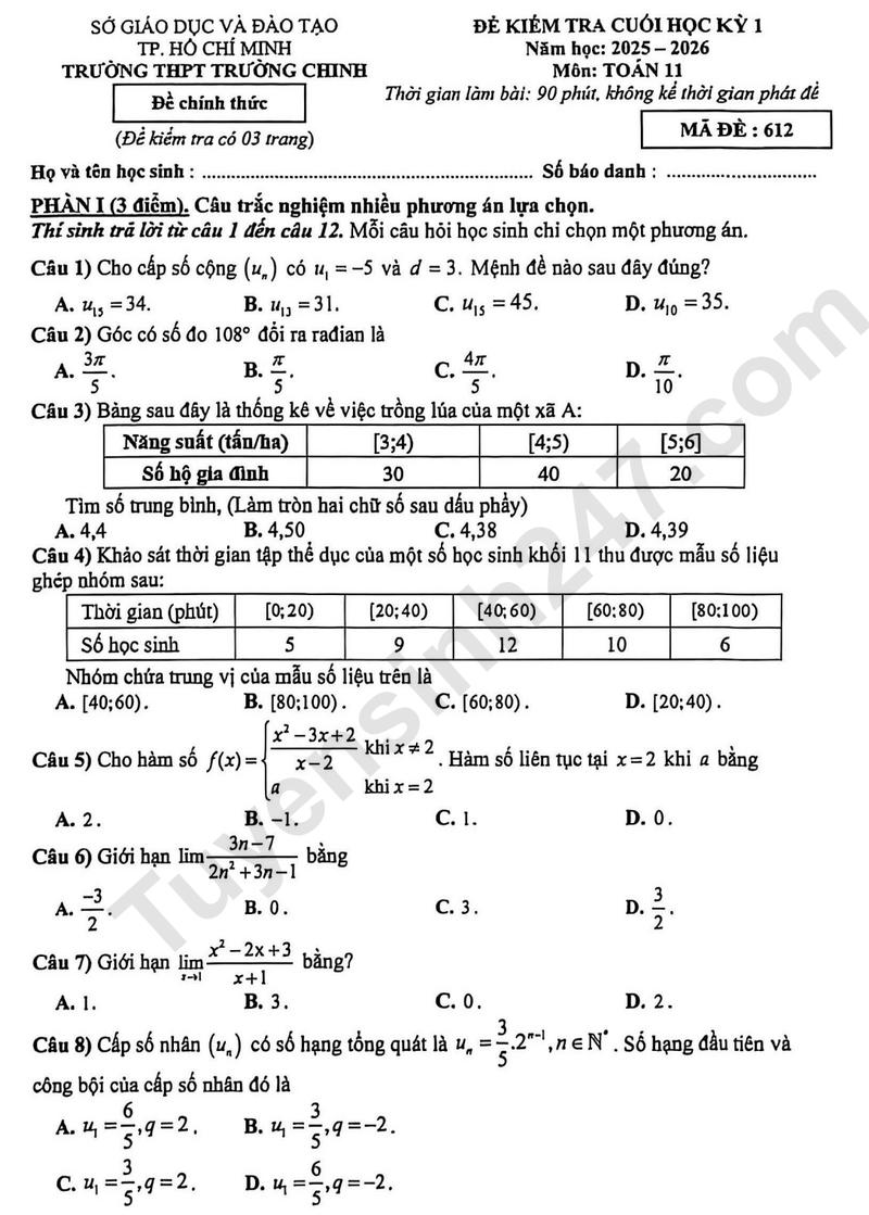 Đề thi HK1 môn Toán lớp 11 năm 2025 - THPT Trường Chinh