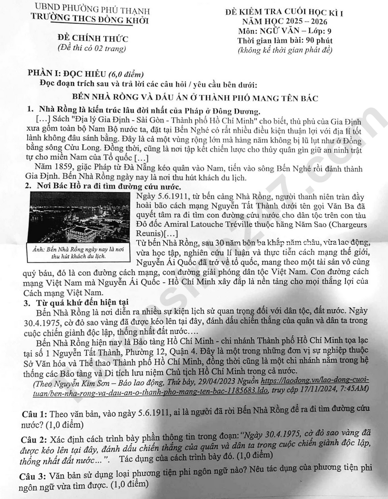 Đề thi học kì 1 lớp 9 môn Văn năm 2025 - THCS Đồng Khởi