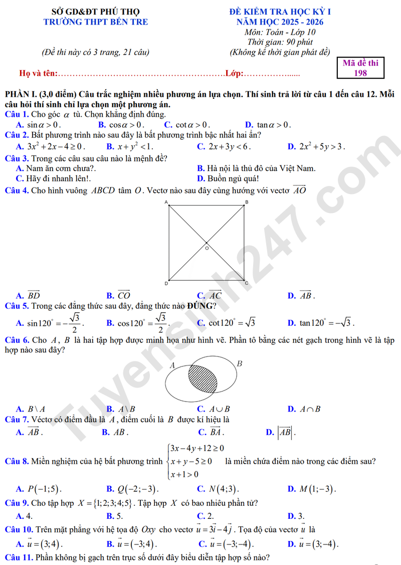 Đề thi HK1 môn Toán lớp 10 năm 2025 - THPT Bến Tre