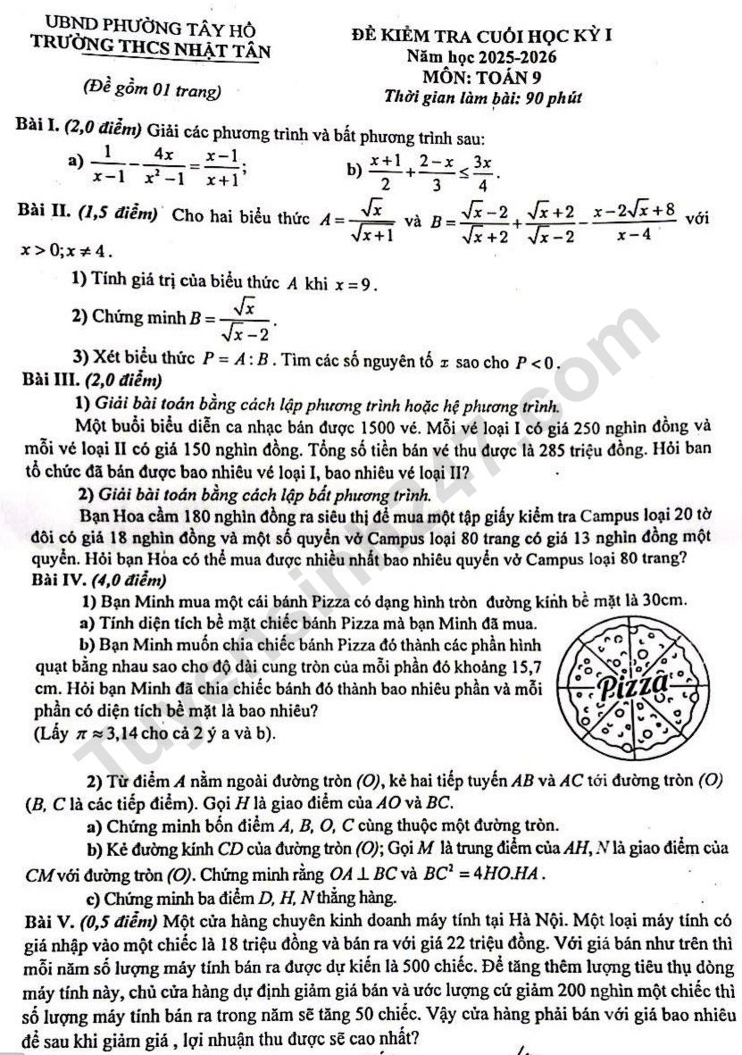 Đề thi kì 1 môn Toán lớp 9 - THCS Nhật Tân 2025