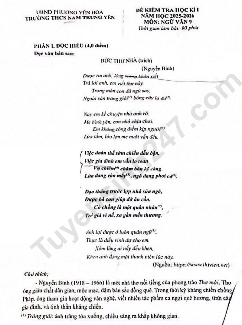 Đề thi học kì 1 môn Văn lớp 9 năm 2025 - THCS Nam Trung Yên