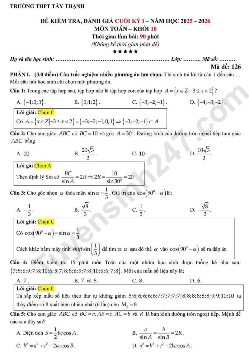 Đề thi học kì 1 năm 2025 THPT Tây Thạnh - lớp 10 môn Toán (Có đáp án)