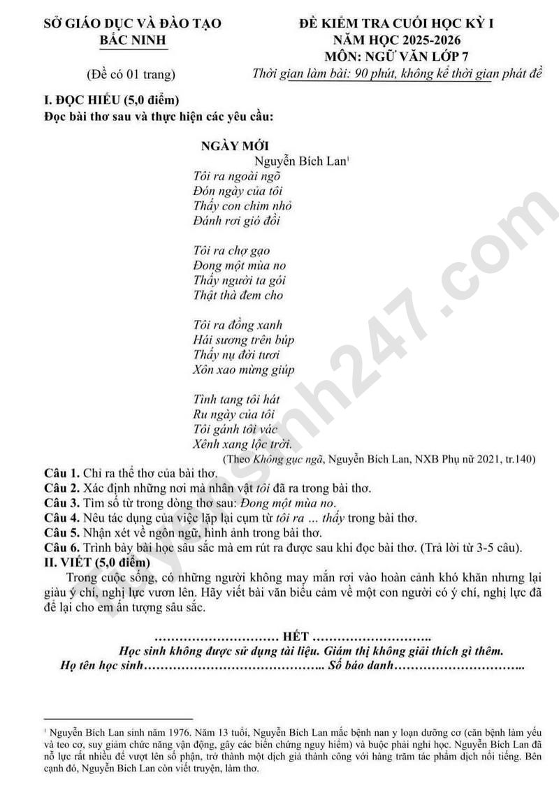 Đề thi học kì 1 môn Văn lớp 7 năm 2025 - Sở GD Bắc Ninh