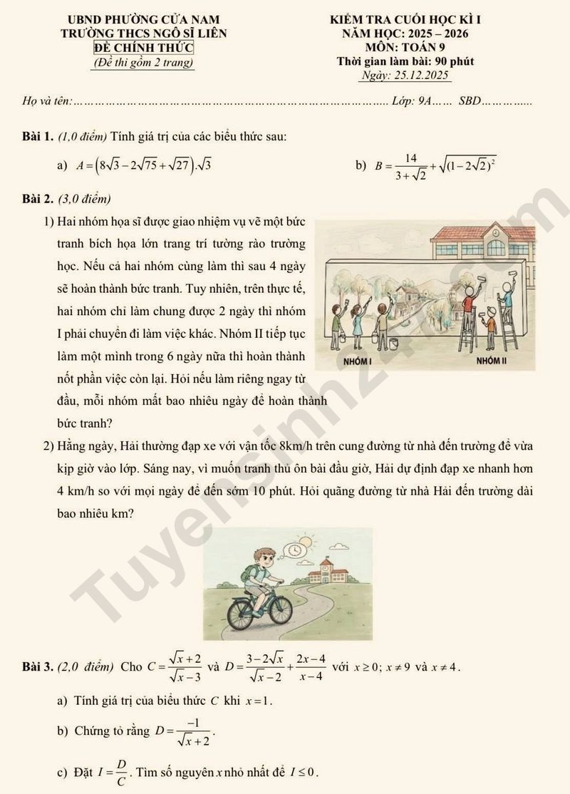 Đề thi học kì 1 môn Toán lớp 9 năm 2025 - THCS Ngô Sĩ Liên (Có đáp án)