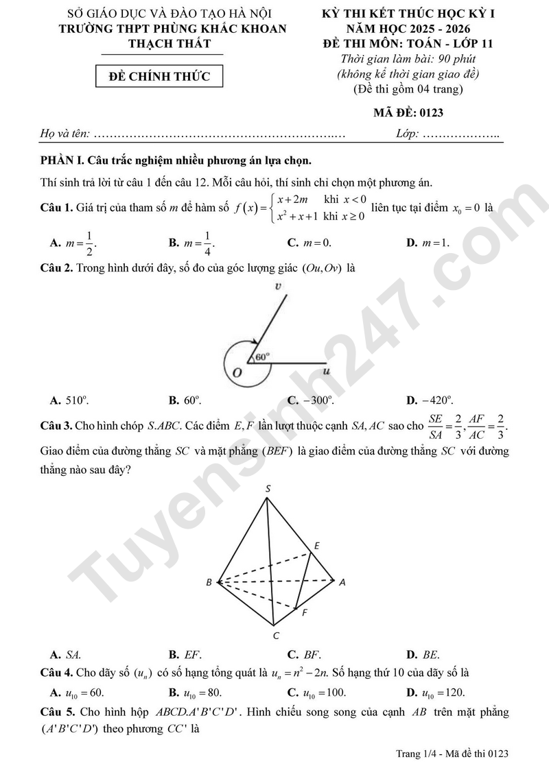 Đề thi học kì 1 lớp 11 môn Toán năm 2025 - THPT Phùng Khắc Hoan