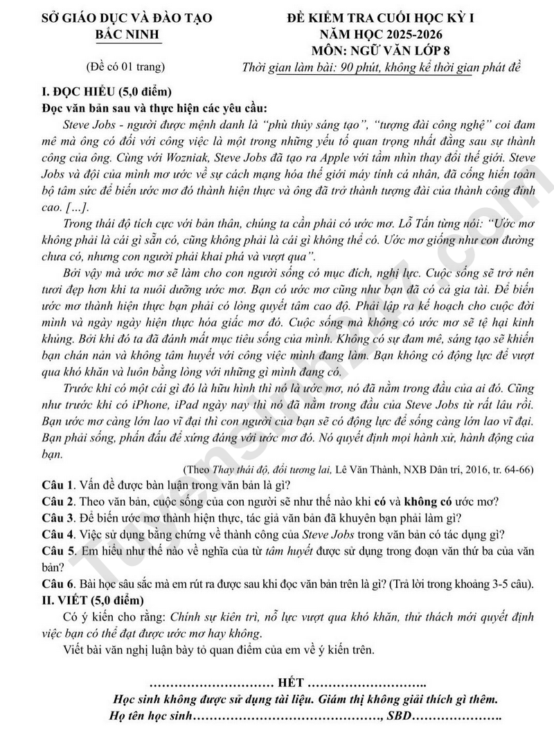 Đề thi HK1 lớp 8 môn Văn 2025 - Sở GD Bắc Ninh (Có đáp án)