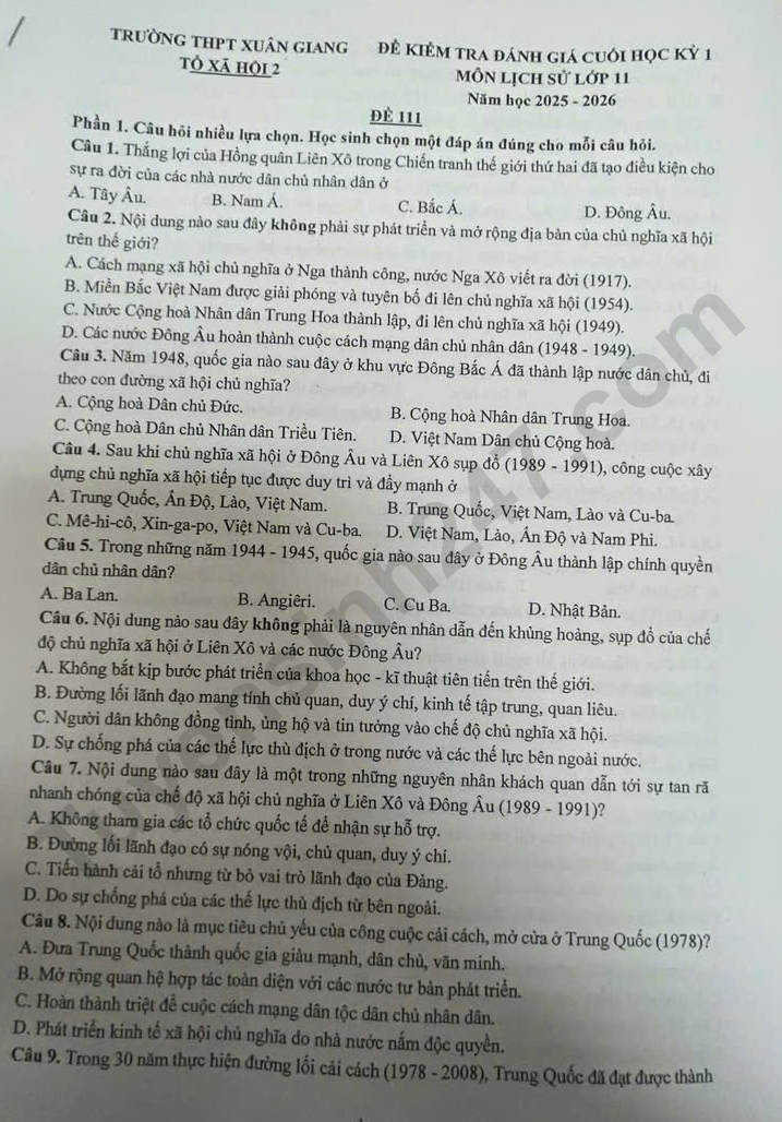 Đề thi kì 1 môn Sử lớp 11 - THPT Xuân Giang 2025