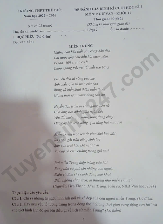 Đề thi kì 1 lớp 11 môn Văn 2025 - THPT Thủ Đức