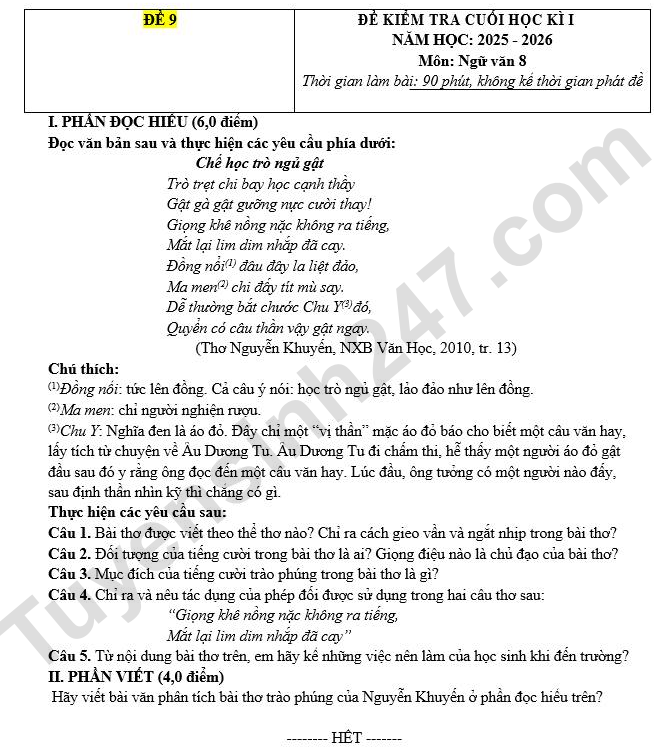 Đề thi kì 1 lớp 8 môn Văn năm 2025 - 2026