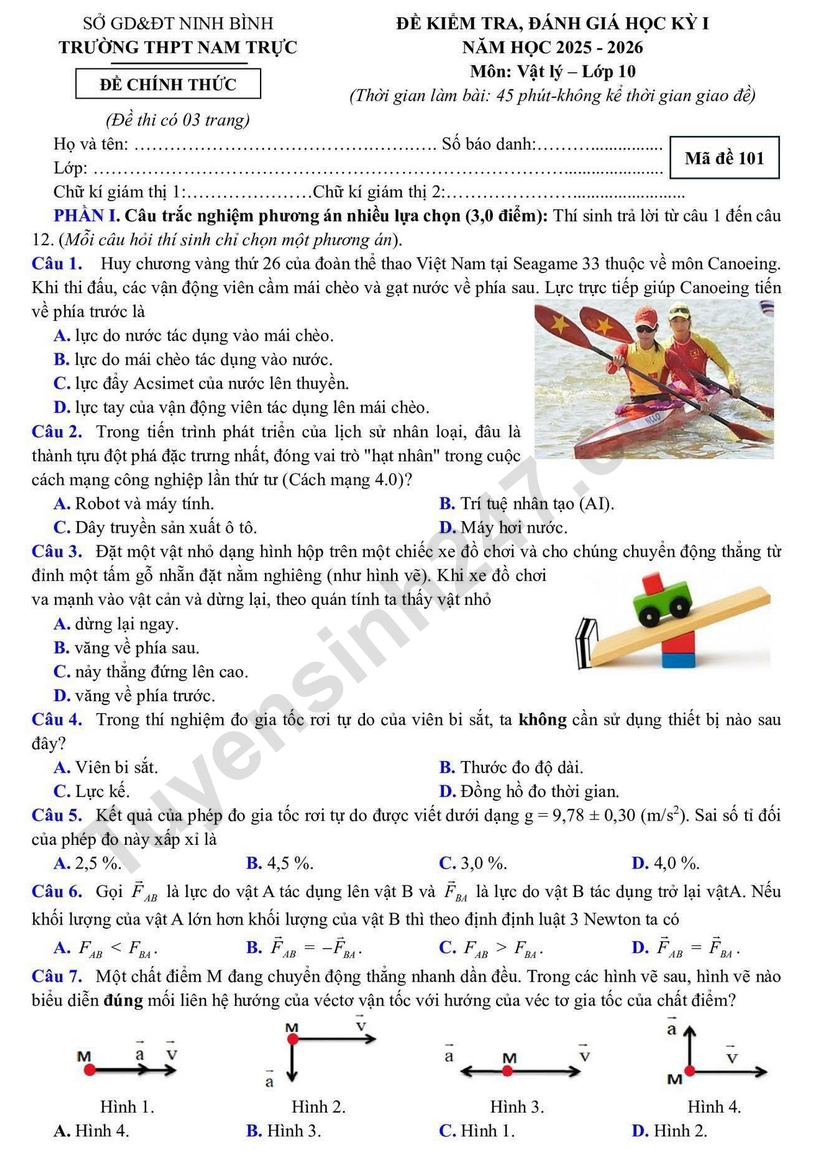 Đề thi kì 1 môn Lí lớp 10 - THPT Nam Trực 2025 (Có đáp án)