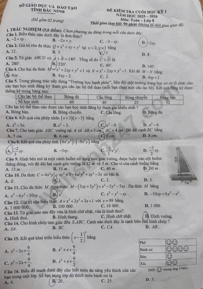 Đề thi kì 1 môn Toán lớp 8 năm 2025 - Sở GD Bắc Ninh