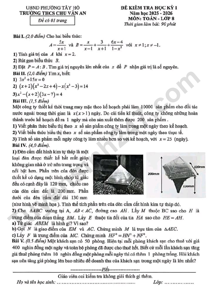 Đề thi cuối kì 1 môn Toán lớp 8 - THCS Chu Văn An 2025 (Có đáp án)