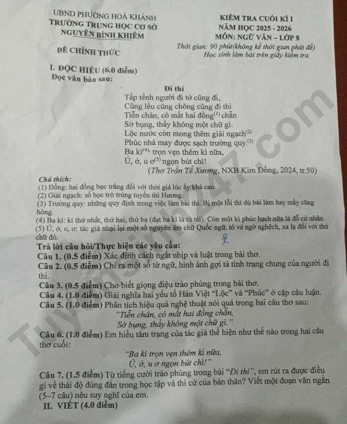 Đề thi kì 1 lớp 8 môn Văn 2025 - THCS Nguyễn Bỉnh Khiêm