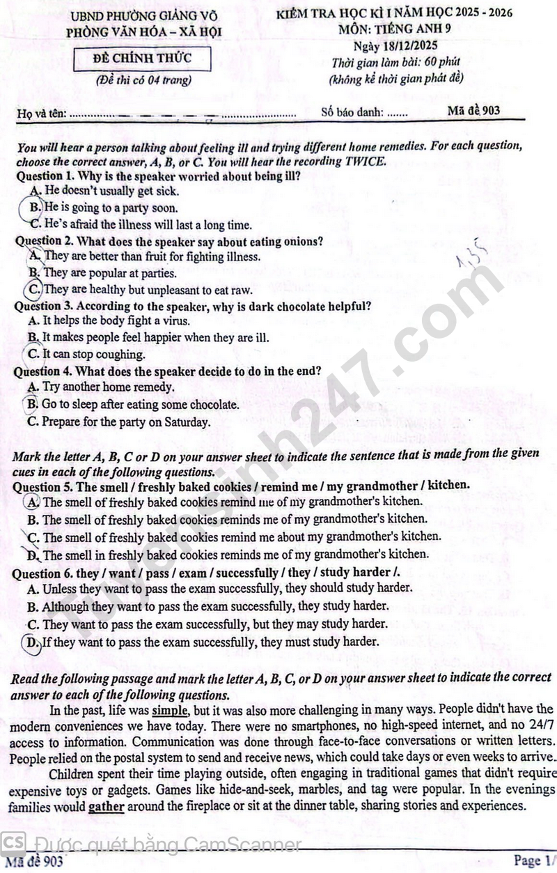 Đề thi cuối kì 1 môn Anh lớp 9 năm 2025 - Phường Giảng Võ