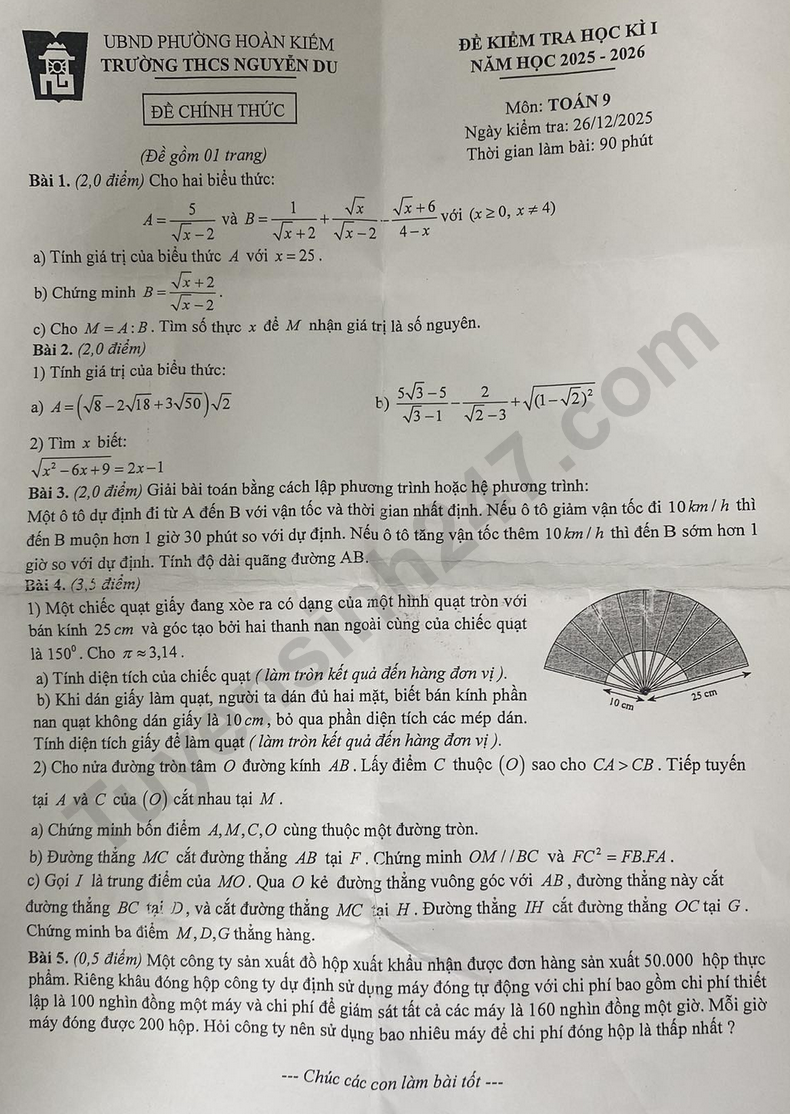 Đề thi học kì 1 lớp 9 môn Toán 2025 - THCS Nguyễn Du