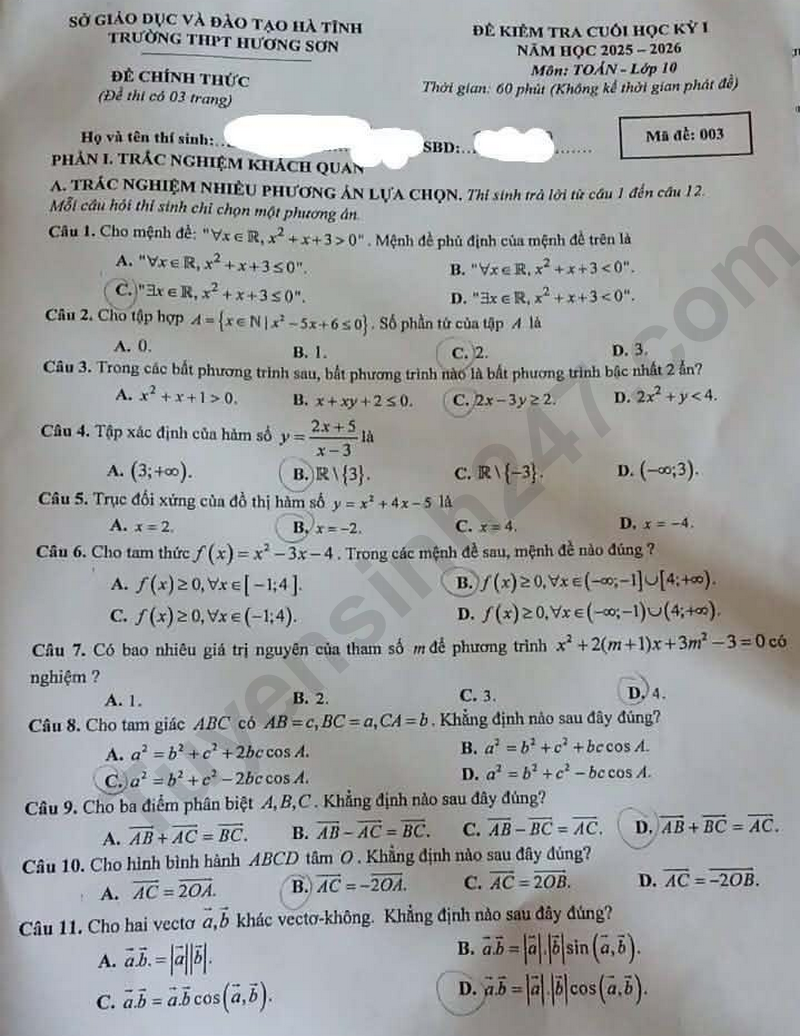 Đề thi kì 1 môn Toán lớp 10 năm 2025 - THPT Hương Sơn