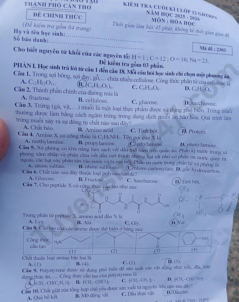 Đề thi kì 1 môn Hóa lớp 12 năm 2025 - Sở GD Cần Thơ
